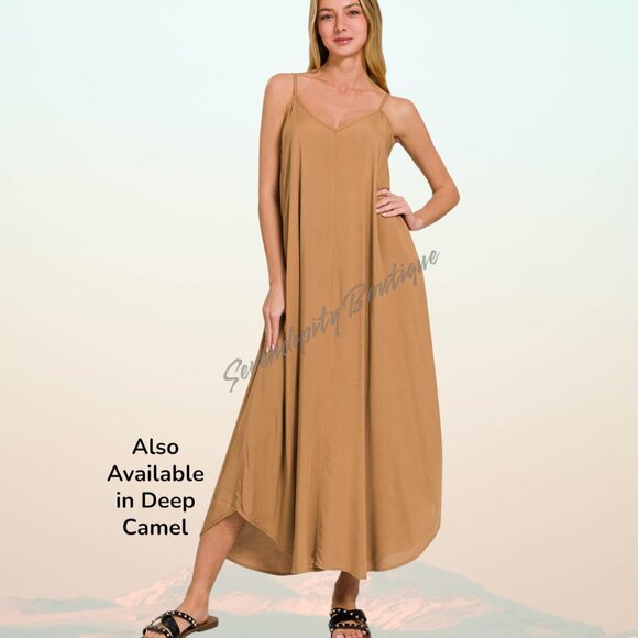 Effortless Everyday Casual Classic Cami Strap Flowy Tea Length Dress in Blue - Picture 5 of 9